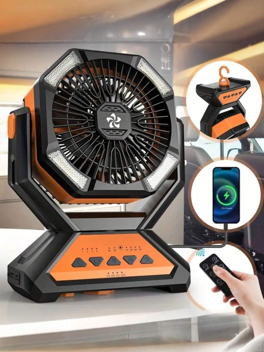 20000mAh Camping Fan With LED Light & Power Bank – Solar Powered, Rechargeable, 3-In-1 Portable Fan With Timer & Rotating Base For Tents, BBQ & Travel - Orange - View 1
