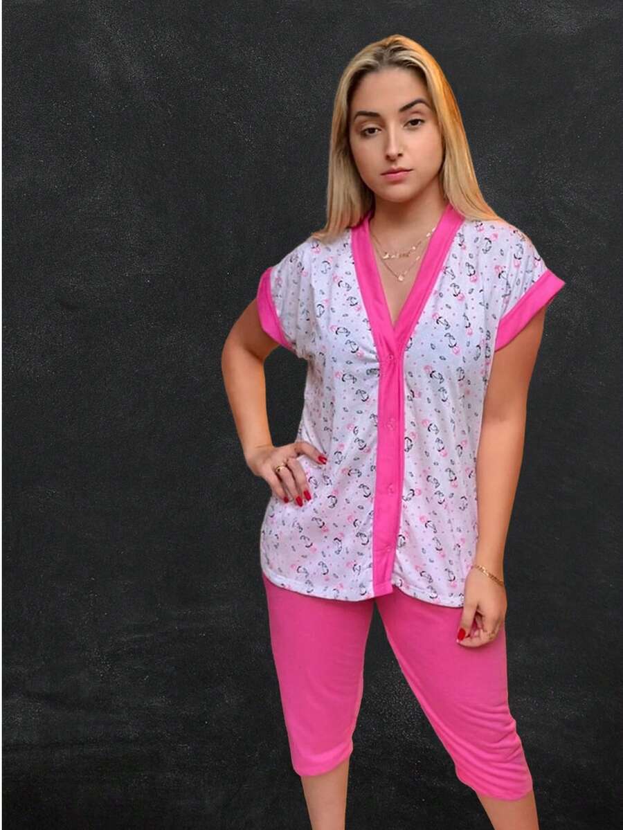 Adult Fisherman Pajamas Open Printed Blouse Breastfeeding Post-Surgery Pregnant Women - Hồng - Xem 1