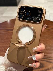 超薄简约磨砂镂空磁吸支架手机壳适用于 17Air 16 15 14 Plus 13 12 11 Pro Max奢华无线充电指环支架镜头保护磨砂后盖 - 沙漠金 - 查看 3
