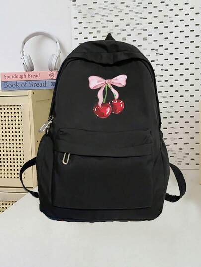 Mochila de niña con estampado de cerezas y lazo rosa estilo dibujos animados, de gran capacidad para portátil. Mochila casual clásica para volver al colegio, mochila ligera para libros escolares para niños y niñas, mochila antirrobo para viajes y universidad, ideal como regalo.