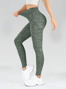 Pantalones de primavera con bolsillo para teléfono y control de abdomen, con estampado de camuflaje - Verde militar - Ver 3