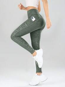 Pantalones de primavera con bolsillo para teléfono y control de abdomen, con estampado de camuflaje - Verde militar - Ver 4