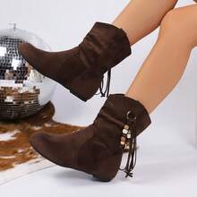 Women's Retro Western Style Flat Boots, Fashionable & Versatile, Thermal Lined Short Boots, Outdoor Casual Flat Boots, Moccasin Style Beaded Fringe Mid-Calf Boots