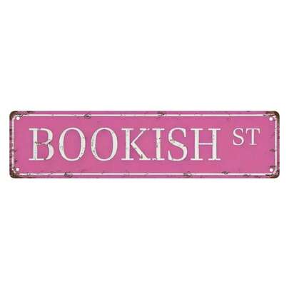 [Durable Build] Vintage "Bookish St" Metal Tin Sign - Rustic Pink Wall Decor For Home, Bar, Cafe, Garage, 16x4 Inch, Distressed Look With Weathered Finish, Bookshelf Decor|Vintage Street Sign|Textured Finish, Book Deco