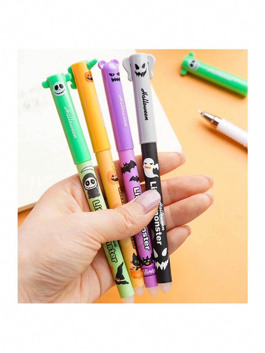 4 Pieces Of Halloween Erasable Pen, Smooth Writing, No Lag, Comes With An Erasable Eraser, 0.5mm Needle Tip Pen Tip, Quick-Drying, Suitable For Students' Practice Exercises And Office Use, Perfect For Students, Essential Item For The New School Term - Multicolor - View 1