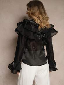 Women's Solid Color Flare Sleeve Ruffle Trim Single-Breasted Elegant Fashion Blouse - Black - View 3