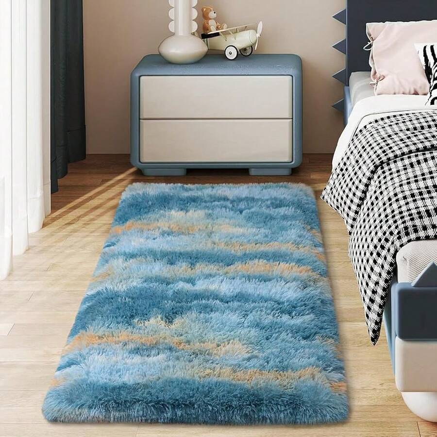 Soft Fluffy Shag Throw Area Rug, 2x4 Black, Non-Slip Bedroom, Hallways, Bedside, Dorm, Living Room - Long Shaggy Rug - 抽象藍 - 查看 1