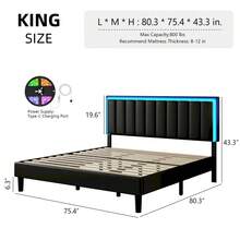 Twin / Full/ Queen/ King Size Bed Frame With LED Light, Upholstered Bed Frame With Headboard, No Box Spring Needed, Easy Assembly, White/ Pink/ Black, Twin / Full/ Queen/ King ( USB LED Strip) - màu đen - Xem 10