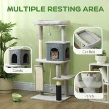 PawHut Cat Tree Tower Scratching Post Bed House, 132cm, Light Grey - Light Grey - View 3
