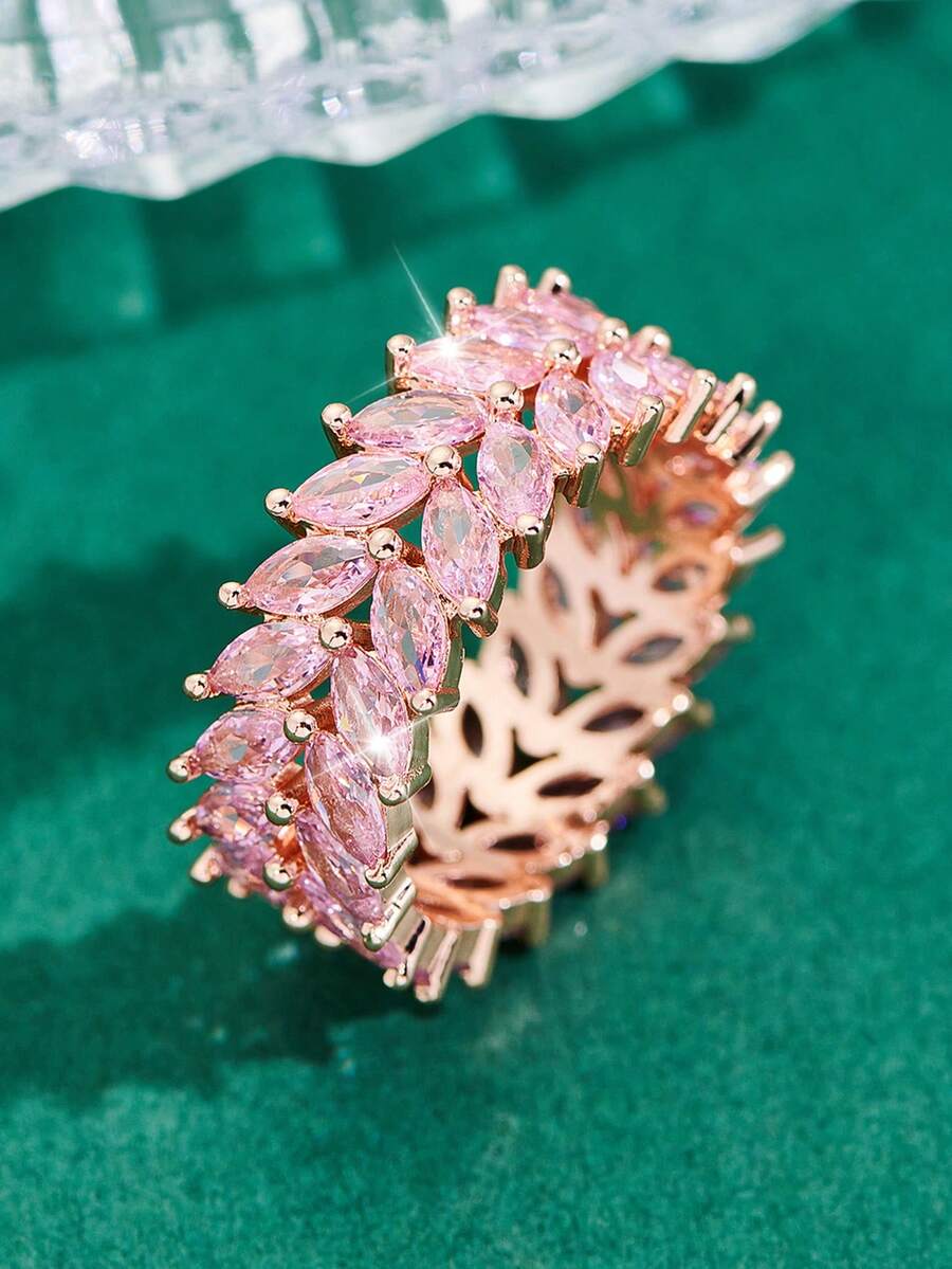 1pc Elegant Luxury Vintage Leaf Design Ring, Inlaid With Pink Synthetic Zirconia, Shiny Accessory, Suitable For Daily Wear And Valentine's Day Gift