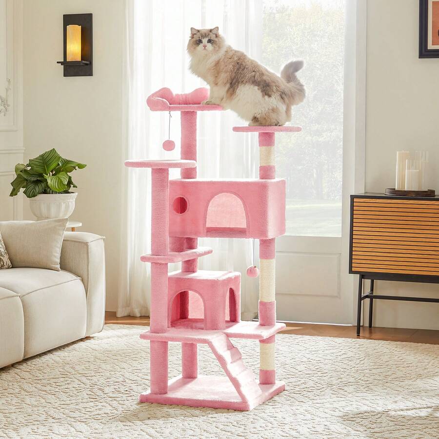 Torre de árbol de gato Sweetcrispy para gatos de interior, muebles para mascotas de varios niveles de 54 pulgadas de altura, casa de juegos estable para gatitos con poste rascador de sisal, gran condominio, escalera de escalada - Rosa - Ver 1