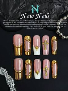NAIO 10 Pieces Handmade Rectangle Press-On Nails With 3D Line Art, Color Nude And Gold Optional, With White Fashionable French Tip Nail Style With Cross And Gold Glitter Sequins Nail Gems Decoration Nail Supplies, They Are Perfect For Women And Girls' Daily Look, Also Great For Parties, Ceremonies And Other Occasions. The Included Tool Set Is A Great Gift For Women And Girls.
