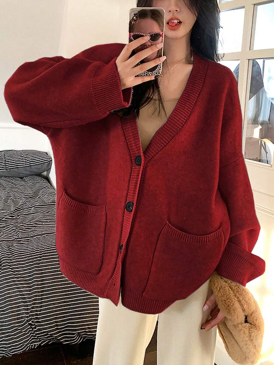 Women's Solid Color Pocket Casual Loose Knit Cardigan Sweater, Autumn/Winter - Dark Red - View 1