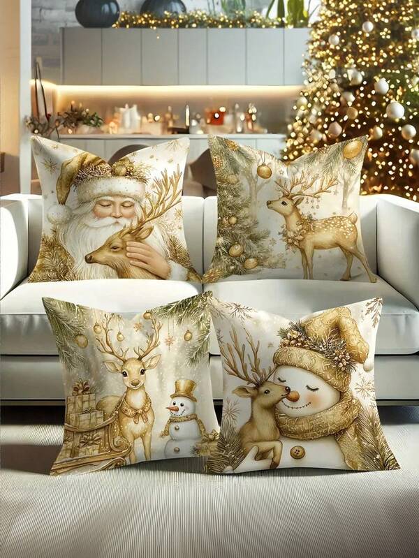 4 fundas de almohada navideñas, diseño de Papá Noel, muñeco de nieve y reno, lavables a máquina, cierre con cremallera de 17.7x17.7 pulgadas - adecuadas para el hogar, el coche, el dormitorio, el sofá, la oficina y diversos tipos de habitaciones - núcleo de almohada no incluido