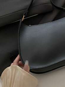 1 件纯色 PU 简约新月形单肩包，方便拉链设计，适合日常外出 - 黑色 - 查看 10