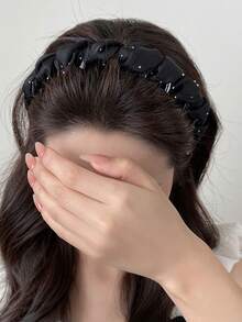 1pc Black Wrapped Faux Pearl Luxurious Handmade Beaded Headband, Versatile, Suitable For Party And Everyday Use, Hair Band, Hair Hoop, Autumn, Hair Accessories ,Hairband For Women Head Accessories - Black - View 9