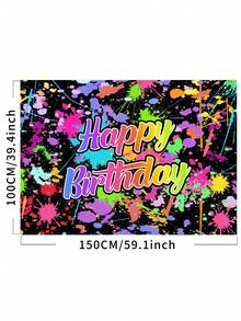 1 Peça Painel de Fotografia de Aniversário Feliz com Respingos de Tinta Colorida, Brilho Neon no Escuro, Banner de Festa 59.1*39.4/82.7*59.1/106.3*70.9 Polegadas, Decoração para Chá de Bebê, Festa de Dança, Uso Interno e Externo