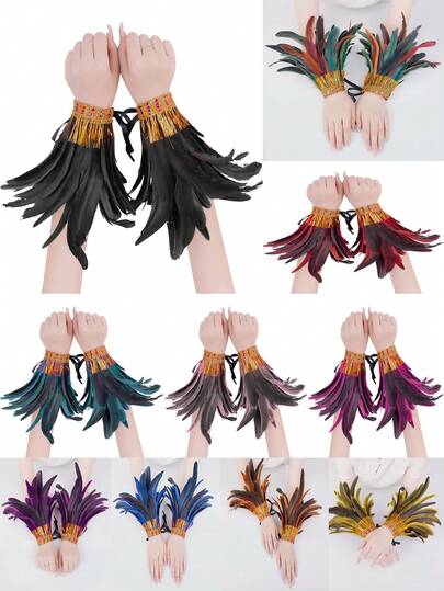 2 Pieces Women's Artificial Feathers Tassels Wrist Decoration Accessories Punk Halloween Gothic Carnival Fashion Wristband Dress Up And Role-Playing Dance Party Costumes Accessories