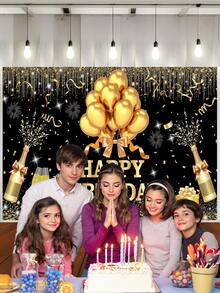 1 Peça Painel de Fotografia de Aniversário Feliz Preto e Dourado, Balões Brilhantes, Pontos, Fogos de Artifício, Faixa de Festa, 59.1*39.4/82.7*59.1/106.3*70.9 Polegadas, Taças de Champanhe, Caixa de Presente, Bottom de Foto Interno e Externo, Decoração de Chá de Bebê