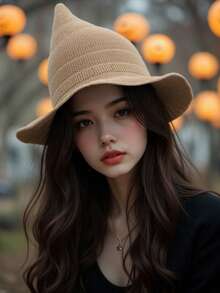 1pc European & American Style Knitted Witch Hat, Halloween Pointed Wizard Hat, Foldable, Popular Cross-Border Item, Autumn/Winter Fisherman Yarn Witch Knitted Pointed Foldable Magic Hat Autumn Outfits