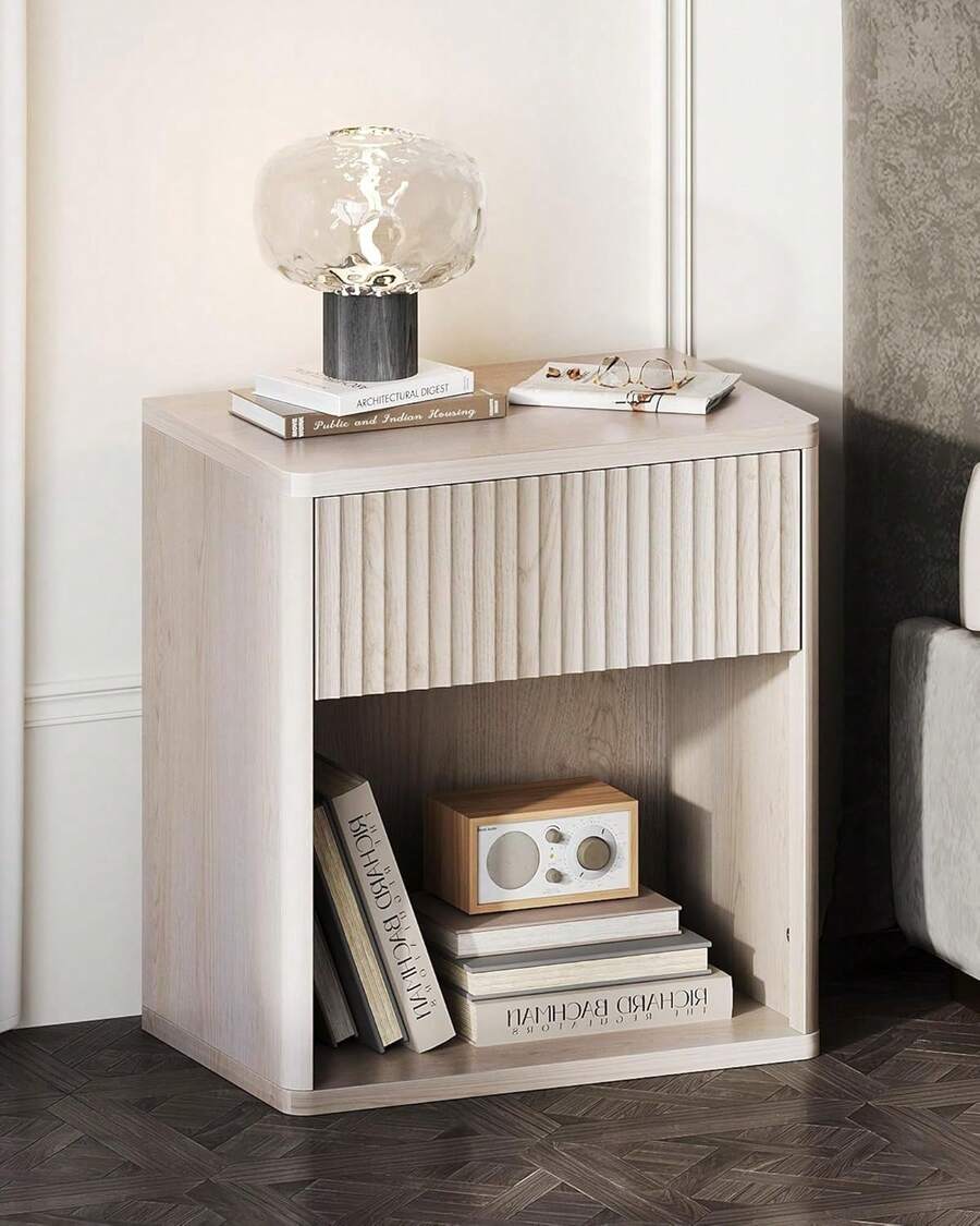 Night Stand Set Of 2, Wood Nightstand Sets With Storage Drawer And Open Shelf, Fluted Bedroom Nighstands, Mid Century Bed Side Table, End Tables Living Room, Dorm, Home Office - 白色 - 查看 1