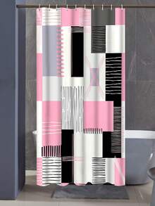 1/4pcs Pink Square Pattern Shower Curtain Set, 70.87x70.87inch Shower Curtain With Floor Mat, U-Shaped Mat, Toilet Seat Mat, With 12 Hooks Bathroom Decor