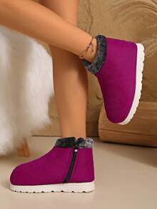 Damen Weinrot Modische Schneestiefel, flache warme Winterschuhe, kurze Winterstiefel