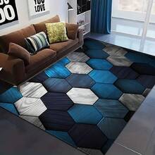 A Simple Geometric Series Square Rug With Blue Hexagonal Patterns Suitable For Bedroom And Living Room Decoration, Suitable For Indoor Use - 彩色 - 查看 4