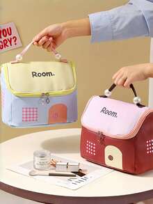 1 Stück großvolumige Dopamin-Farbblock-Kosmetiktasche in Hausform, Organisationsaufbewahrungstasche, geräumiger tragbarer wasserdichter Reise-Organizer, geeignet für Herbst/Winter Kosmetikaufbewahrung, Weihnachts-Haaraccessoires Aufbewahrung