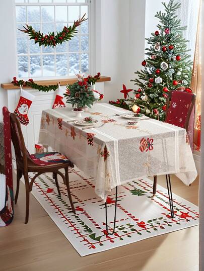 1 件米色圣诞元素刺绣蕾丝边桌布，圣诞主题涤纶蕾丝边桌布装饰，适用于客厅、卧室、厨房、圣诞装饰