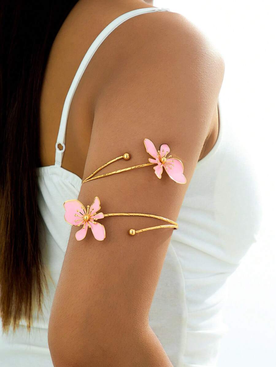 1 chiếc vòng tay hợp kim sắt tráng men hồng hai đầu họa tiết hoa, tối giản và thanh lịch, thích hợp làm quà tặng Ngày của Mẹ, tiệc tùng và đeo hàng ngày - Hồng - Xem 1