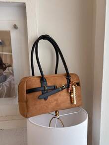 女款复古绒面保龄球包，2025/2025新款小众腋下包，大容量单肩包带吊坠，秋季 - 彩色 - 查看 9