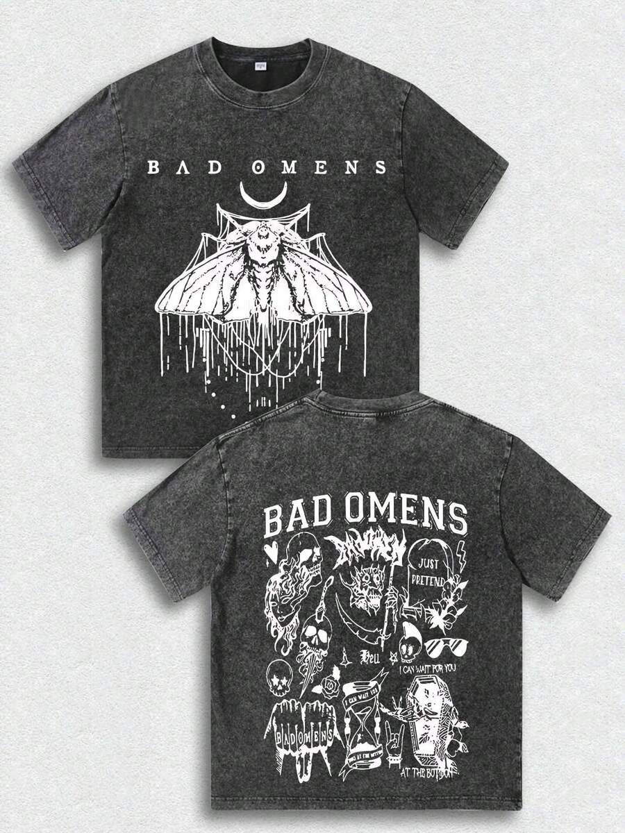 Gothic Style Men's Vintage Double-Sided T-Shirt, Co Branded With AD OMENS Band, Retro Loose Top With Moth Skull Print - 黑色 - 查看 1