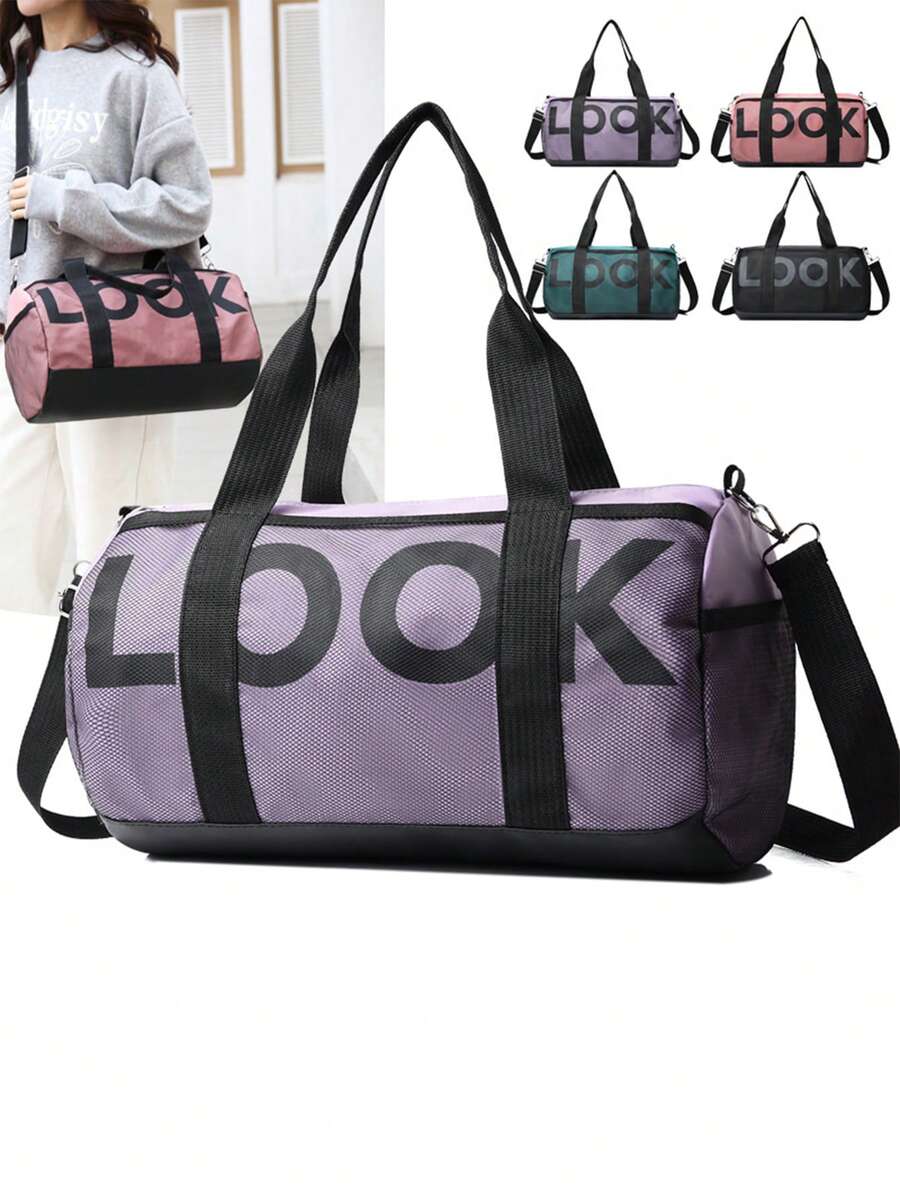 1 pieza Bolsa de viaje impermeable para mujer, bolsa deportiva, de yoga y gimnasio con estampado de letras de moda coreana, bolsa de equipaje para viajes cortos