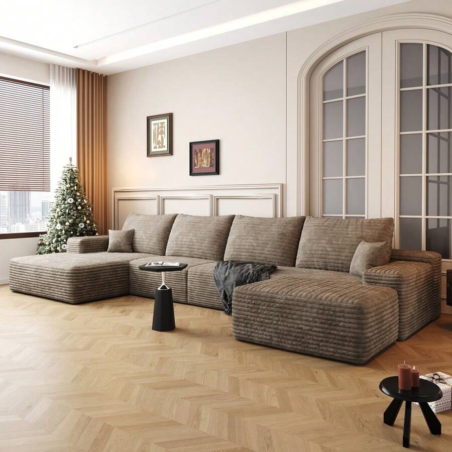 135*69" Cloud Sectional Sofa With 1 Ottoman,Modern Minimalist Upholstered Couches, Comfort U Shaped Sofa For Living Room,Deep Seat Corner Couch,No Assembly Required ,Grey(Plush Corduroy Fabric) - 左向躺椅+3座+1腳凳(駝色) - 查看 1