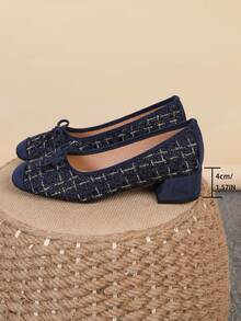 Square Toe Chunky Heel Shoes, Bowknot Slip-On Flats, Fashion Slip-On Loafers, Blue Plaid High Heels, Women's High Heel Pumps, Run Large, Size 35-43