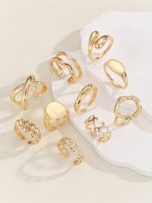 Set de 10 anillos ajustables brillantes para niñas, con diseño geométrico de moda, joyería de mano delicada - Unitalla - Ver 6