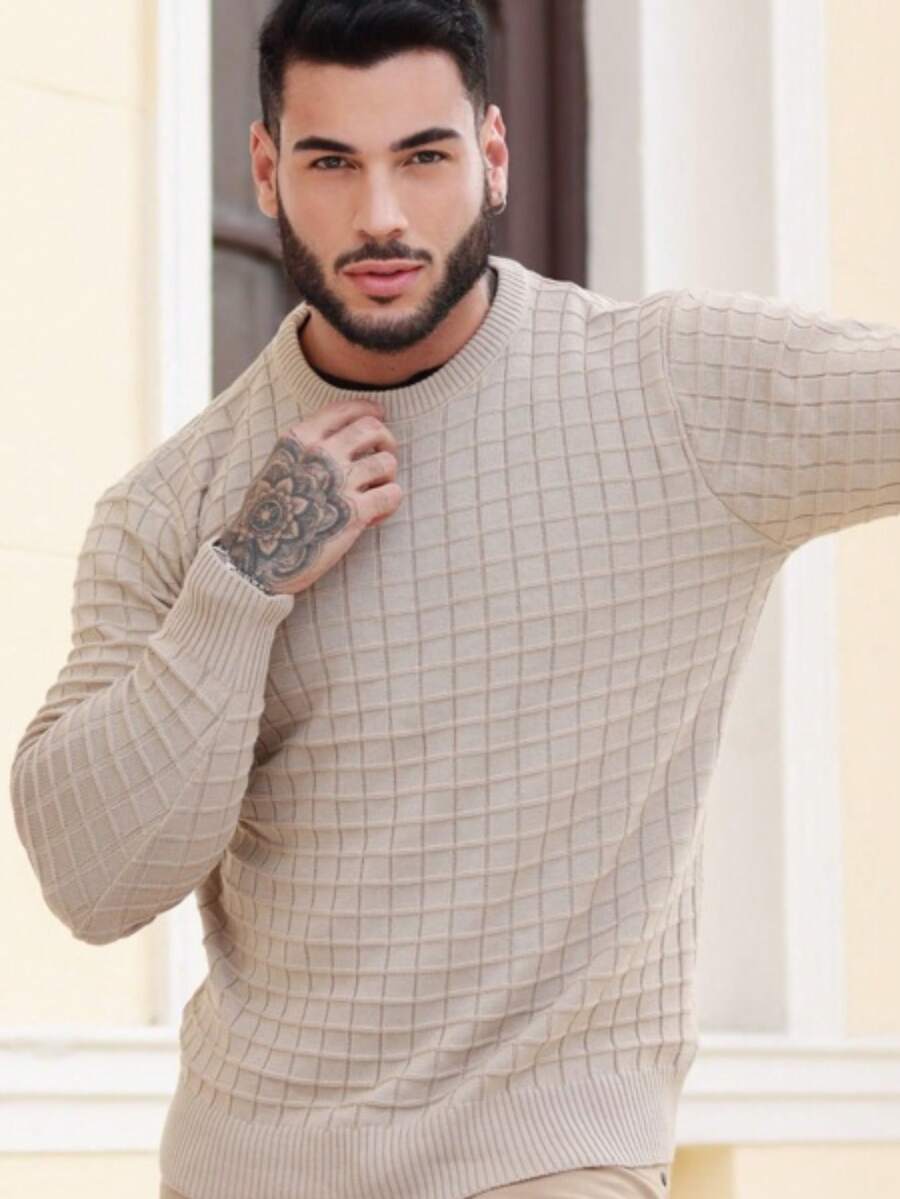 Men's Striped Knitted Sweater Blouse - Beige - View 1