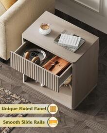 Night Stand Set Of 2, Wood Nightstand Sets With Storage Drawer And Open Shelf, Fluted Bedroom Nighstands, Mid Century Bed Side Table, End Tables Living Room, Dorm, Home Office - 白色 - 查看 4