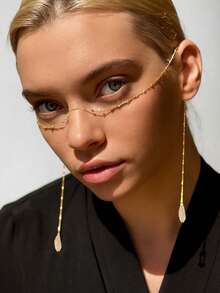 1pc Black Beaded Face Chain With Black Feather Tassel And Nose Bridge, Gold-Color