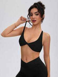 ATTRACO 女士运动文胸，扭结胸型设计，交叉后背，深V领扭结前片运动提拉文胸，户外运动休闲文胸，跑步健身普拉提文胸，黑色春季款 - 黑色 - 查看 2