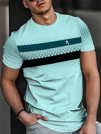 Men's Casual Round Neck Short-Sleeve T-Shirt - Lightweight Polyester Knit, Breathable & Comfortable Fit, Geometric Pattern, Machine Washable, All-Season Wear