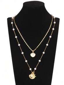 2pcs/Set Beachy Metal Starfish, Pearl & Shell Necklace Jewelry Set, Resort Style - Gold - View 2