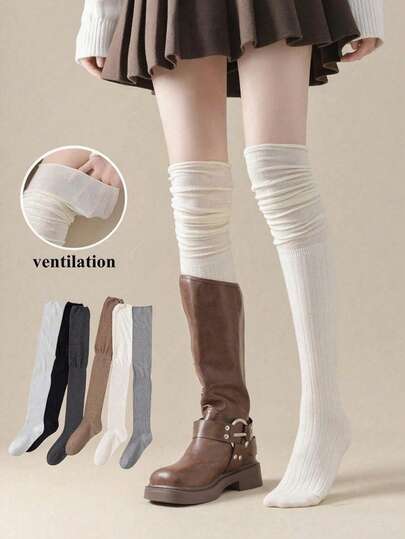 半双女士过膝袜，叠穿式袜子，白色长筒袜，纯色过膝袜，搭配靴子