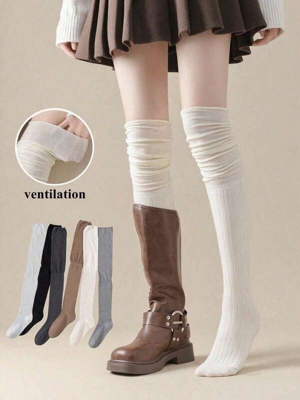 半双女士过膝袜，叠穿式袜子，白色长筒袜，纯色过膝袜，搭配靴子