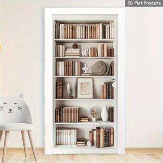 1set/2pcs Self-Adhesive Removable Wall Decals - Classic Vintage Bookshelf And Staircase Design, Warm Color Tone PVC Wall Stickers For Home Library And Entryway Decor, Easy To Install, Bookshelf Decoration, 2D Flat