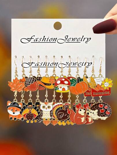 12pcs/24pcs New Cross-Border Thanksgiving Creative Cute Drip Oil Pumpkin, Maple Leaf, Squirrel, Turkey, Mushroom, Hazelnut, Animal Ear Pendant Earring Set