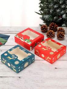 10 piezas Cajas de regalo de papel con diseño de árbol de Navidad y alce para fiestas y vacaciones - Incluye ventana transparente para exhibición - Para galletas, tartas, macarrones, pasteles y fresas cubiertas de chocolate - Para bodas, fiestas de Navidad y Año Nuevo