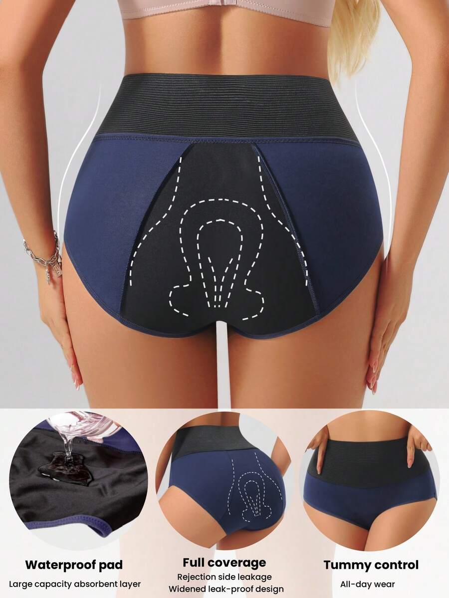 1 buah Celana Dalam Menstruasi Wanita Ukuran Besar Pinggang Tinggi Anti Bocor, Celana Dalam Pembentuk Tubuh 3 Lapisan Lebih Tebal, Nyaman & Menutupi Seluruh Bagian Dalam Bentuk Segitiga - Biru - View 1