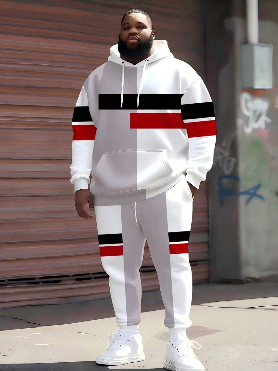 ZhuYa 撞色条纹图案搭配加大码男士连帽衫套装，春秋冬运动两件套 - Ins 风格加大码宽松连帽运动衫 + 抽绳运动裤，街头嘻哈百搭 - 彩色 - 查看 1